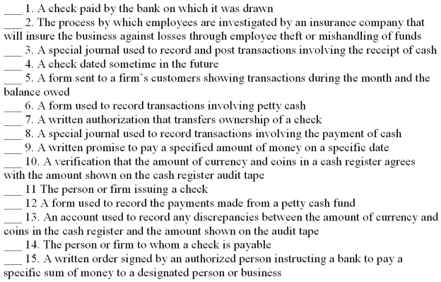 Match the accounting terms with the description by entering the proper letter in the space provided.    