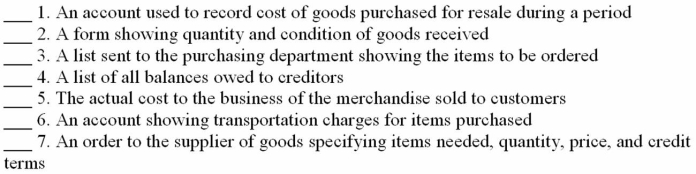 Match the accounting terms with the description by entering the proper letter in the space provided.    