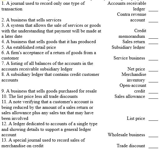Match the accounting terms with the description by entering the proper number.       