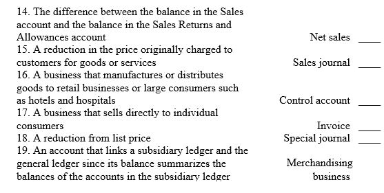 Match the accounting terms with the description by entering the proper number.       