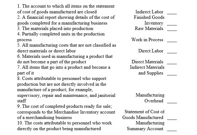 Match the following terms with the definitions provided.   
