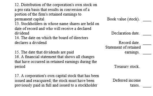 Match the accounting terms with the description by entering the proper number.     
