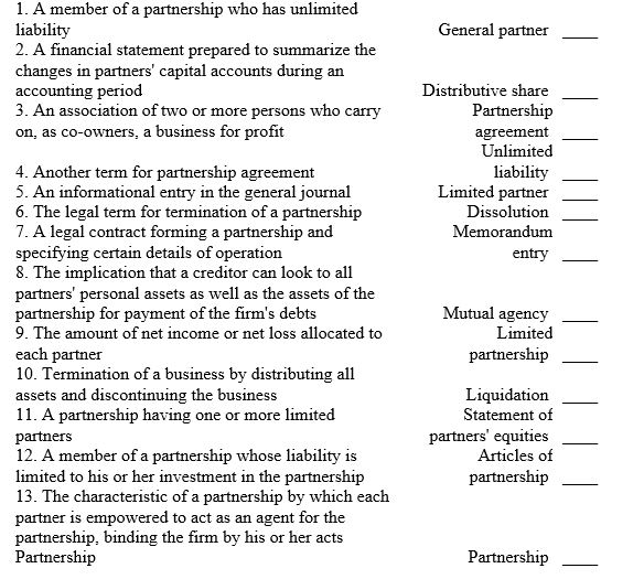 Match the accounting terms with the description by entering the proper number.   