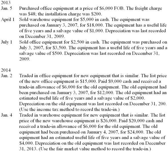 Selected transactions of the Harrel Company are listed below. The company uses the straight-line method of depreciation. Record the transactions on page 9 of a general journal. Omit descriptions.  