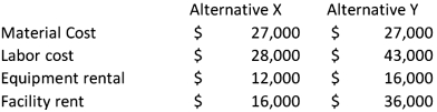What is the differential cost of Alternative Y over Alternative X in the example below?   A)  $142,000. B)  $103,000. C)  $93,000. D)  $39,000.