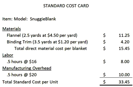 Better Blankets,Inc.makes a SnuggieBlank using flannel material and trim binding.They have instituted a successful JIT system and thus no longer have to stock inventory prior to their production need.The Standard Cost Card for The SnuggieBlank model is shown.   The company reported the following results concerning January results:   The material quantity variance for Flannel used in January is: A)  $2,700 favorable. B)  $2,700 unfavorable. C)  $7,500 favorable. D)  $7,500 unfavorable.