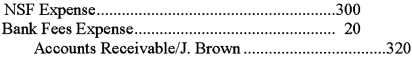 The March bank reconciliation statement for Cab World,Inc. ,showed an NSF check of $300 from J.Brown as well as a bank service charge of $20 for monthly service fees.Select the journal entry required to record these items. A)    B)    C)    D)   