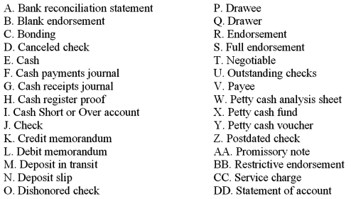 Match the accounting terms with the description by entering the proper letter in the space provided.   ___ 1.A check paid by the bank on which it was drawn ___ 2.The process by which employees are investigated by an insurance company that will insure the business against losses through employee theft or mishandling of funds ___ 3.A special journal used to record and post transactions involving the receipt of cash ___ 4.A check dated sometime in the future ___ 5.A form sent to a firm's customers showing transactions during the month and the balance owed ___ 6.A form used to record transactions involving petty cash ___ 7.A written authorization that transfers ownership of a check ___ 8.A special journal used to record transactions involving the payment of cash ___ 9.A written promise to pay a specified amount of money on a specific date ___ 10.A verification that the amount of currency and coins in a cash register agrees with the amount shown on the cash register audit tape ___ 11.The person or firm issuing a check ___ 12.A form used to record the payments made from a petty cash fund ___ 13.An account used to record any discrepancies between the amount of currency and coins in the cash register and the amount shown on the audit tape ___ 14.The person or firm to whom a check is payable ___ 15.A written order signed by an authorized person instructing a bank to pay a specific sum of money to a designated person or business
