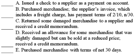 For each of the transactions listed below,identify the journal that should be used to record the transaction.Use CR for cash receipts journal,CP for cash payments journal,S for sales journal,P for purchases journal,and G for general journal.  