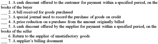 Match the accounting terms with the description by entering the proper letter in the space provided.    