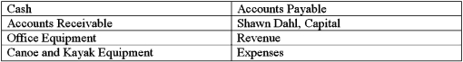 On September 1,Shawn Dahl established Whitewater Rentals,a canoe and kayak rental business.The following transactions occurred in the month of September and affected the following accounts:   Transactions 1.Shawn Dahl invested $45,000 in cash to open the business 2.Paid $12,700 in cash for the purchase of kayak and canoe equipment 3.Paid $1,050 in cash for rent expense 4.Purchased additional kayak and canoe equipment for $3,800 on credit 5.Received $3,900 in cash for kayak rentals 6.Rented canoes and kayaks for $1,200 on account 7.Purchased office equipment for $125 in cash 8.Received $800 in cash from credit clients 9.Shawn Dahl withdrew $1,500 in cash for personal expenses Based on the information shown in transaction #4 above,indicate the accounts affected and use plus and minus to show the changes caused by the transaction.