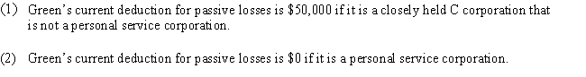 Green Corporation earns active income of $50,000 and receives $40,000 in dividends during the year. In addition, Green incurs a loss of $70,000 from an investment in a passive activity acquired several years ago. Consider the following two statements: Which of the following answers is correct?   A) Only statement 1. B) Only statement 2. C) Both statements 1 and 2. D) Neither statement 1 or 2. E) None of the above. 
