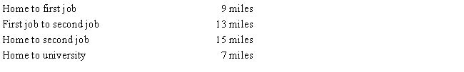 Meredith holds two jobs and attends graduate school on weekends. The education improves her skills, but does not qualify her for a new trade of business. Before going to the second job, she returns home for dinner. Relevant mileage is as follows: ​     How much of the mileage qualifies for deduction purposes?