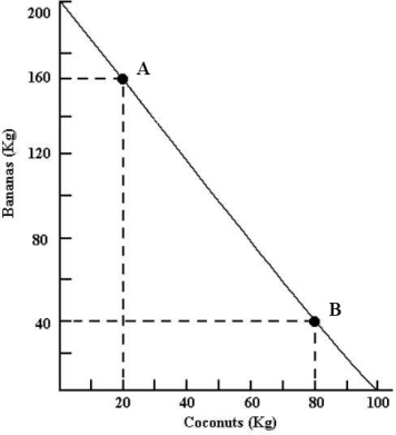 The diagram below shows Robinson Crusoe's annual production possibilities boundary for the production of bananas and coconuts.    FIGURE 33- 3 -Refer to Figure 33- 3. Starting from point A and moving to point B, Robinson Crusoe's opportunity cost of producing each additional kilogram of coconuts is A) decreasing. B) decreasing followed by increasing. C) increasing followed by decreasing. D) increasing. E) constant.