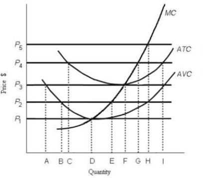 Consider the following short- run cost curves for a perfectly competitive firm.   FIGURE 9- 1 -Refer to Figure 9- 1. The diagram shows cost curves for a perfectly competitive firm. The short- run shut down price for the firm is A)  P2. B)  P5. C)  P1. D)  P4. E)  P3.