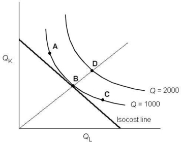   FIGURE 8- 4 -Refer to Figure 8- 4, with the isoquants and isocost line as shown. A firm that is producing at point C can reduce its costs for producing 1000 units by employing A)  less capital and less labour. B)  less capital and more labour. C)  more capital and less labour. D)  more capital and more labour. E)  less labour and the same capital.