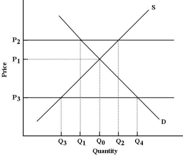   FIGURE 5- 3 -Refer to Figure 5- 3. If the government imposes a price floor at P3, the result would be a price and quantity combination of A)  P1 and Q0. B)  P3 and Q0. C)  P3 and Q3. D)  P2and Q1. E)  P3 and Q4.