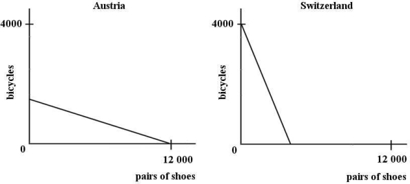   FIGURE 33- 2 -Refer to Figure 33- 2. Assume that Austria and Switzerland do not engage in international trade. In that case, A)  each country will produce according to comparative advantage anyway. B)  Switzerland will produce all bicycles and no shoes. C)  the downward- sloping lines illustrate each country's consumption possibilities. D)  each country will consume according to comparative advantage anyway. E)  Austria will produce all shoes and no bicycles.