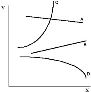<strong> FIGURE 2- 2 Refer to Figure 2- 2. The slope of curve D is</strong> A) positive and constant. B) undefined. C) negative and constant. D) positive and changing. E) negative and changing.