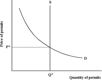 <strong>The diagram below shows the market for tradable pollution permits.   Figure 17- 7 Refer to Figure 17- 7, which depicts the market for tradable pollution permits. Improvements in firms' abatement technology will be expected to</strong> A) shift the demand curve to the left. B) shift the supply curve to the right. C) shift the supply curve to the left. D) shift the demand curve to the right. E) not have any impact on the equilibrium. <div style=padding-top: 35px> 