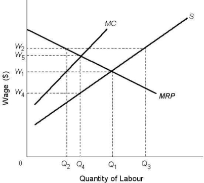 <strong>  FIGURE 14- 2 Refer to Figure 14- 2. Suppose the labour market is initially in a monopsonistic equilibrium. If a strong union is then formed and establishes a minimum wage of W1,</strong> A) the wage rate and employment will both increase to their competitive levels. B) the wage rate will increase but employment will decrease. C) employment will decrease to Q2. D) there will be an effect on either wages or employment but not both. E) the wage rate will decrease but employment will increase. <div style=padding-top: 35px> 