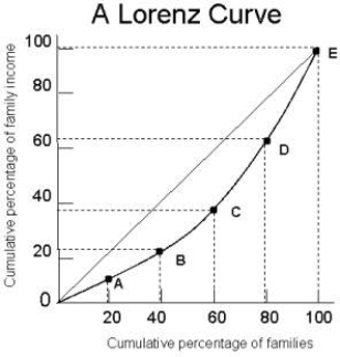 FIGURE 13- 1   -Refer to Figure 13- 1.The diagonal line in the diagram A) has no real purpose. B) shows the distribution of income over time. C) shows where the Lorenz curve would be if there were complete income equality. D) illustrates the functional distribution of income. E) shows the actual distribution of income.