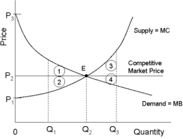 <strong>The diagram below shows the demand and supply curves in a perfectly competitive market.   FIGURE 12- 5 Refer to Figure 12- 5.In the free- market equilibrium,producer plus consumer surplus is maximized and is illustrated by the area</strong> A)P3P2E. B)P1P2E. C)P1P3E. D)1 + 2. E)1 + 2 + 3 + 4. <div style=padding-top: 35px> 