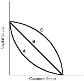 <strong>FIGURE 1- 5 Refer to Figure 1- 5.Suppose that the relevant production possibilities boundary is the one labelled B.This boundary implies that</strong> A)consumer goods are preferred to capital goods. B)the concept of opportunity cost is not at work in this economy. C)capital goods are preferred to consumer goods. D)the opportunity cost of producing either capital goods or consumer goods does not depend on how much of each good is produced. E)in this society the resources are not efficiently employed.