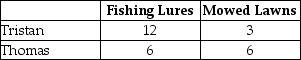The table below illustrates that,in one day,Tristan can produce either 12 fishing lures or mow 3 lawns,while Thomas can produce either 6 fishing lures or mow 6 lawns.    TABLE 1-1 -Refer to Table 1-1.What is Thomas's opportunity cost of producing one fishing lure? A) 5 lures B) 1 mowed lawn C) 1/6 of a lure D) 1/6 of a mowed lawn E) there is no opportunity cost