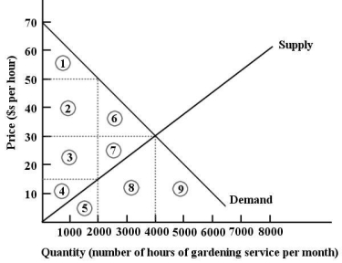  FIGURE 5-5 -Refer to Figure 5-5.At the market-clearing price and quantity of $30 per hour and 4000 hours of gardening services,we can say that A) economic surplus could be increased at a lower price because there would be more value to consumers. B) economic surplus could be increased at a higher price because firms would generate more revenue. C) economic surplus is maximized and the market is efficient. D) the market is inefficient because there are some consumers who are not purchasing at this price. E) the market is efficient because the government has imposed a market-clearing price and quantity.