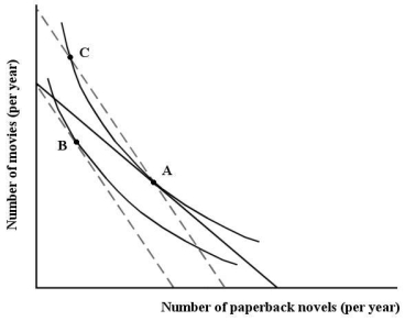 Sophie consumes two goods - paperback novels and visits to the movies.   FIGURE 6-12 -Refer to Figure 6-12.Sophie's movement from point A to point C is A) the income effect of an increase in the price of paperback novels. B) the total effect of a decrease in the price of paperback novels. C) the income effect of a decrease in the price of paperback novels. D) the substitution effect of an increase in the price of paperback novels. E) the total effect of a change in money income.