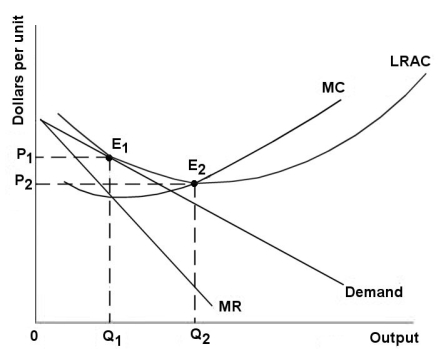 The diagram below shows demand and cost curves for a monopolistically competitive firm.   FIGURE 11-3 -Refer to Figure 11-3.A monopolistically competitive firm is said to be inefficient because in the long-run equilibrium A) MC is greater than LRAC. B) MC is greater than price. C) price is greater than MC at Q<sub>1</sub>. D) price is greater than LRAC at Q<sub>1</sub>. E) LRAC at Q<sub>1 </sub>is not at its minimum.