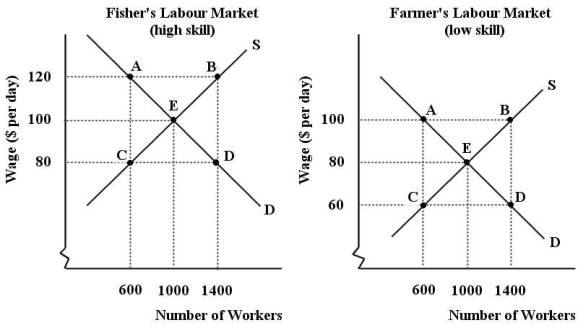 Suppose an island economy has only two labour markets - fishing (high skill) and farming (low skill) .There are 1000 males and 1000 females in the labour force.There is an equal distribution of skilled and non-skilled workers among each sex.   FIGURE 14-1 -Refer to Figure 14-1.Suppose the employers in the fishers labour market begin to discriminate against male workers.Which of the following can we expect to occur in the fishers labour market? A) There will be an equal flow of workers between the two markets,equilibrium will remain at point E and the wage at $100 per day. B) The demand for labour curve shifts to the right until a new equilibrium is reached at point B and the wage rises to $120 per day. C) The labour supply curve shifts to the left until a new equilibrium is reached at point A and the wage rises to $120 per day. D) The demand for labour curve shifts to the left until a new equilibrium is reached at point C and the wage falls to $80 per day. E) The labour supply curve shifts to the right until a new equilibrium is reached at point D and the wage falls to $80 per day.