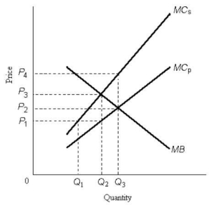 The figure below shows the marginal benefit to consumers,MB,the marginal cost to private firms,MC<sub>P</sub>,and the marginal cost to society,MC<sub>S</sub>,at each level of output of some good.   FIGURE 17-1 -Refer to Figure 17-1.A negative externality is depicted because the A) marginal social cost is greater than the marginal social benefit. B) marginal social cost is greater than the marginal private cost. C) marginal social benefit to consumers is diminishing with greater output. D) optimal level of output occurs where marginal private cost is positive. E) optimal level of output occurs where marginal private benefit is positive.