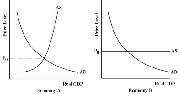   FIGURE 23-3 -Refer to Figure 23-3.Which of the two economies,A or B,will experience more volatile fluctuations in national income in response to aggregate demand shocks? A) Economies A and B will experience similar volatility because the slopes of the AD curves are the same. B) Economy A because the large fluctuations in the price level lead to large fluctuations in national income. C) Economy A because the multiplier is much larger than in Economy B. D) Economy B because the multiplier is much smaller than in Economy A. E) Economy B because output is purely demand determined,and there is no offsetting effect from a price level increase.