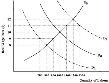 The labour market in the diagram below begins in equilibrium with a real wage of $10 and quantity employed of 1000.   FIGURE 30-1 -Refer to Figure 30-1.The economy begins with D<sub>0</sub> and S<sub>0</sub>.Suppose there is a negative shock to the economy,which shifts the demand for labour curve to D<sub>1</sub>.An outcome consistent with non-market-clearing theories of unemployment is A) the wage rate would fall to $8,employment would fall to 800,causing involuntary unemployment of 200 workers. B) wages would be sticky and would adjust downward to,perhaps $9,causing involuntary unemployment of 300 workers at that wage. C) the wage rate would fall to $8,employment would fall to 800 and there would be no unemployment. D) wages would be sticky and would adjust downward to,perhaps $9,causing involuntary unemployment of 200 workers at that wage. E) all markets would clear,causing the demand for labour curve to shift back to D<sub>0</sub> and the wage rate and employment levels would return to their original levels.