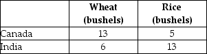 The following production possibilities schedule shows the quantities of wheat and rice that can be produced in Canada and India with one unit of equivalent resources.    TABLE 32-2 -Refer to Table 32-2.India has an absolute advantage in the production of A) rice. B) wheat. C) both rice and wheat. D) neither rice nor wheat.