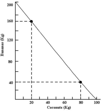 The diagram below shows Robinson Crusoe's annual production possibilities boundary for the production of bananas and coconuts.   FIGURE 32-3 -Refer to Figure 32-3.Suppose a trading partner offers to give bananas to Robinson Crusoe in exchange for his coconuts.If Robinson Crusoe is to improve his consumption possibilities from this trade,the terms of trade must be 1 kg bananas for A) 3.0 kg coconuts. B) 2.0 kg coconuts. C) 1.0 kg coconuts. D) 0.5 kg coconuts. E) 0.33 kg coconuts.