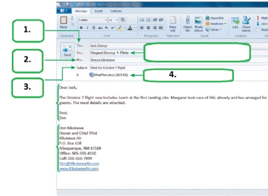   -In the figure above, the area labeled  1  indicates the ____. A)  message's primary recipients B)  attachment filename and size C)  message topic D)  recipients receiving a blind courtesy copy