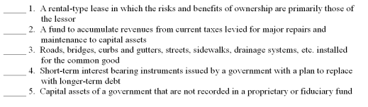 The following key terms from Chapter 5 relate to general capital assets and capital projects: A)Bond anticipation notes B)Infrastructure assets C)Special assessments D)General capital assets E)Capital projects funds F)Capital improvements funds G)Capital leases H)Operating leases For each of the following definitions,indicate the key term from the list above that best matches the definition by placing the appropriate letter in the blank space next to the definition.  