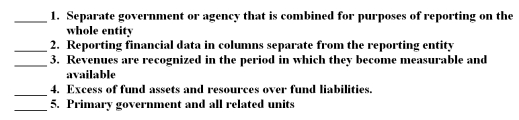 The following are key terms in Chapter 2 that relate to principles of accounting and financial reporting for state and local governments: A.Fund equity B.Modified accrual basis C.Reporting entity D.Discrete presentation E.Component unit F.Accrual basis G.Blended presentation H.Governmental activities For each of the following definitions,indicate the key term from the list above that best matches by placing the appropriate letter in the blank space next to the definition.  