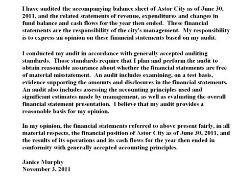 Astor City,a small city that is not required to have independent audit,voluntarily decided to have an audit of its financial records.Currently,the city generates $900,000 in revenues.Of the revenue generated,10% is from state sources and 2% is from federal sources.Janice Murphy,a CPA who serves on the city council has orally agreed to conduct the audit for a small gratuitous fee.Murphy decided not to accept a full fee since in the last three years she has gotten away from doing audit work and has concentrated her time on tax preparation and small business consulting.Murphy conducts the audit and presents the city with the following audit report: Required (a)At a minimum what audit standards apply to Astor City (GAAS,GAS or Single Audit Act)? Why? (b)Discuss any potential violations of the applicable audit standards.
