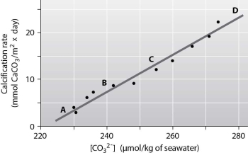 Below is a figure from an experiment that was performed to measure the effect of carbonate ion (CO₃²⁻) concentration on the calcification (growth) rate of coral reefs. At which point on the graph is the ocean pH the lowest?   A) A B) B C) C D) D