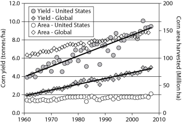   -Which of the following statements, according to this figure, is true?   A) The efficiency of corn production (yield per area) in the United States has increased more than global efficiency. B) The efficiency of global corn production (yield per area) has increased more than efficiency in the United States. C) Global production efficiency was greater prior to 1980 than since 1980. D) The efficiency of U.S. production has decreased.
