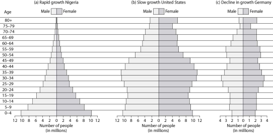 Examine the age structure of Germany in the figure below. Which of the following statements is not supported by the age structure?   A) There will be large positive population growth in the near future. B) There are more women than men between the ages of 60 and 70. C) There will be small negative population growth in the near future. D) There are more people between the ages of 25 to 39 then between 0 and 14.