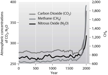 According to this graph of changes in Earth's atmosphere, which of the following took place between the years 1800 and 2000?   A) Nitrous oxide (N₂O) levels increased from 270 ppb to 390 ppb. B) Carbon dioxide (CO₂) levels increased from 950 ppb to 1,800 ppb. C) Carbon dioxide (CO₂) levels increased from 290 ppm to 380 ppm. D) Methane (CH₄₎ levels increased from 270 ppm to almost 2,000 ppm.