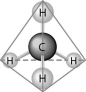   -What causes the shape of the molecule shown above? A)  the configuration of the 2 p orbitals in the carbon atom B)  the configuration of the 1 s orbital in the carbon atom C)  the configuration of the sp hybrid orbitals of the electrons shared between the carbon and hydrogen atoms D)  the packing of the carbon and hydrogen atoms in a crystal lattice E)  hydrogen bonding configurations between the carbon and hydrogen atoms 