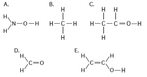   -Which of the structures illustrated above cannot form hydrogen bonds with water molecules? A)  A B)  B C)  C D)  D E)  E 