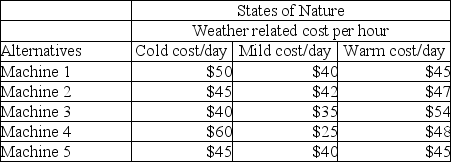 <strong>A plant manager considers the operational cost per hour of five machine alternatives.The cost per hour is sensitive to three potential weather conditions: cold, mild, and warm.The following table represents the operations cost per hour for each alternative-state of nature combination:   Using the optimistic criterion, which alternative is best?</strong> A)Machine 1 B)Machine 2 C)Machine 3 D)Machine 4 <div style=padding-top: 35px> 