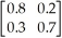 The vector of state probabilities for period n is (0.4, 0.6).The accompanying matrix of transition probabilities is:   Calculate the vector of state probabilities for period n + 1.